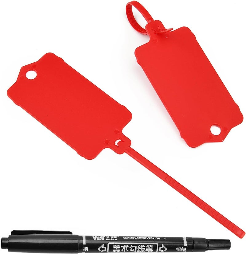 LeadSeals 100pcs Blank Plastic Tags for Labeling Reusable Hanging Tags Ties Key Tag Storage Labels Waterproof Plastic Mark Label Writable Hang Sign with One Marker Pen (Red) - Image 1